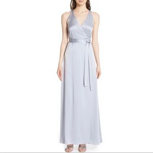 DIANE VON FURSTENBERG SILVER SATIN WRAP MAXI DRESS